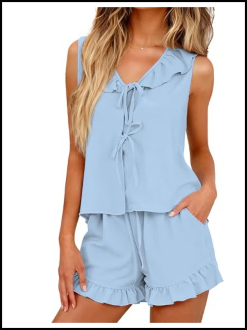 Women's Ruffle Pajama Set Sleeveless Top Shorts Soft Polyester Sleepwear